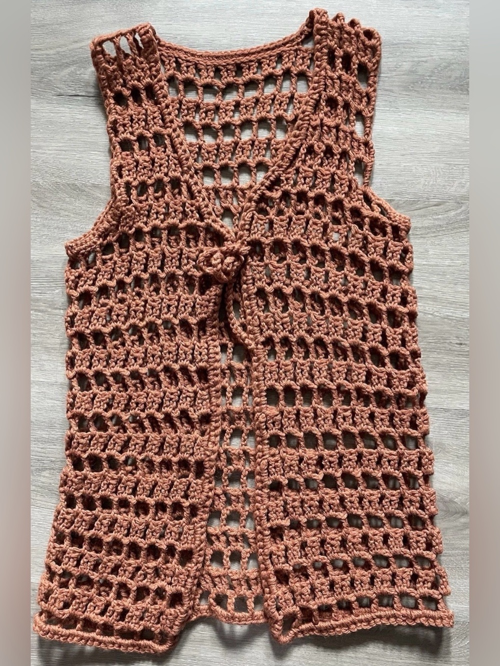 Handmade Crochet Boho Mesh Vest Rust Terracotta Open Knit Festival Layer S/M